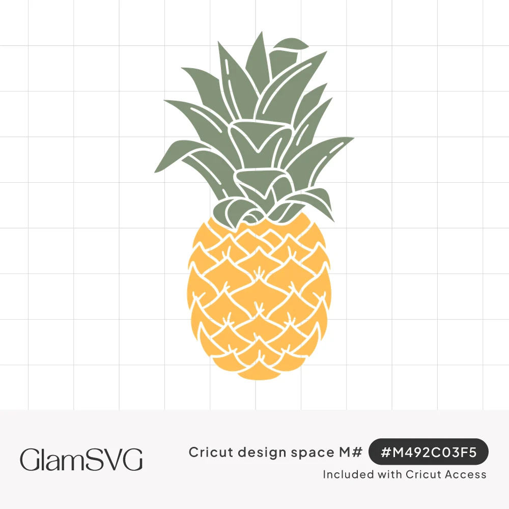 Yellow pineapple with crisscross cutout pattern and a crown of sage green leaves on a white background