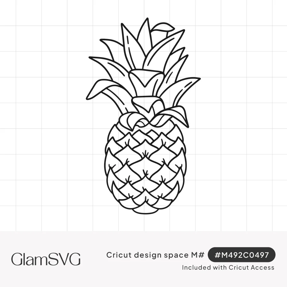Black outline drawing of a pineapple with overlapping scale segments and a tall crown of pointed leaves
