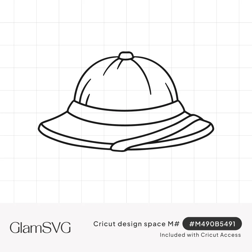 Black outline drawing of a pith helmet with a paneled domed crown, top button, wide band and curved brim