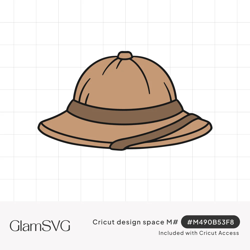 Illustration of a tan pith helmet with a paneled dome, top button and brown band trailing across the brim
