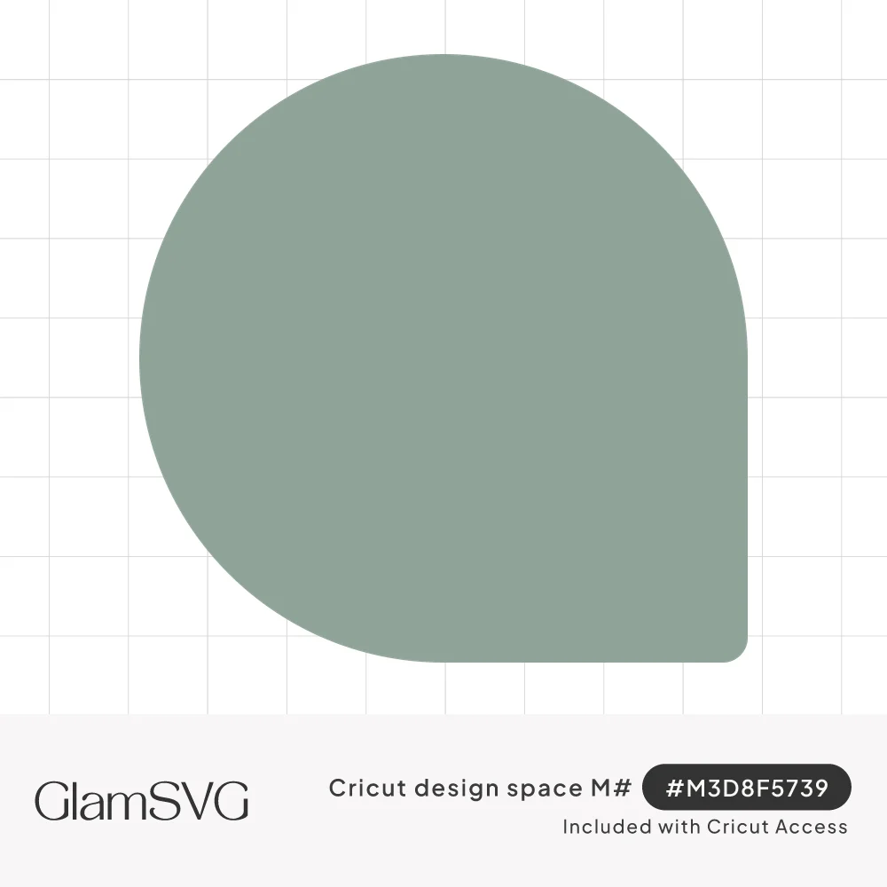 Sage green teardrop-style label shape with three rounded sides and one squared bottom right corner