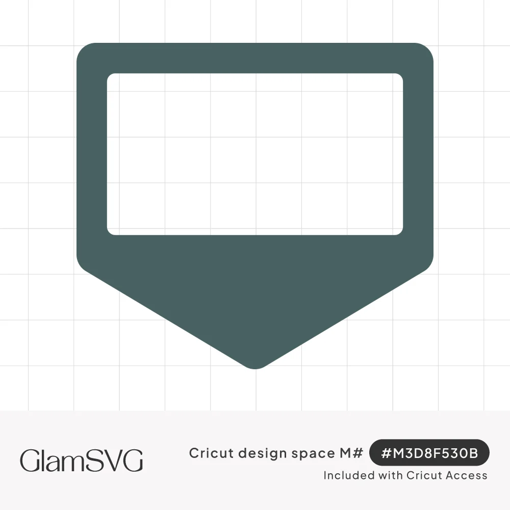 Slate-gray geometric label shape with rounded corners, an open rectangular window and a pointed chevron bottom
