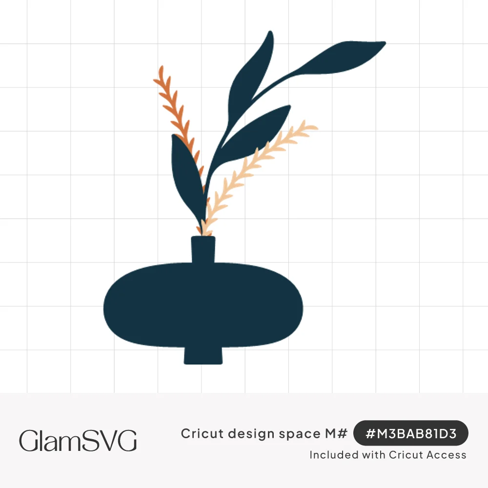 Navy rounded bud vase holding dark leaves and feathery rust orange and peach sprigs in a flat modern style