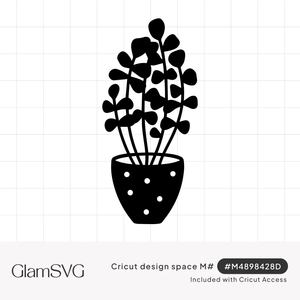Black silhouette of a potted houseplant with round leaves on tall stems in a pot decorated with white polka dots