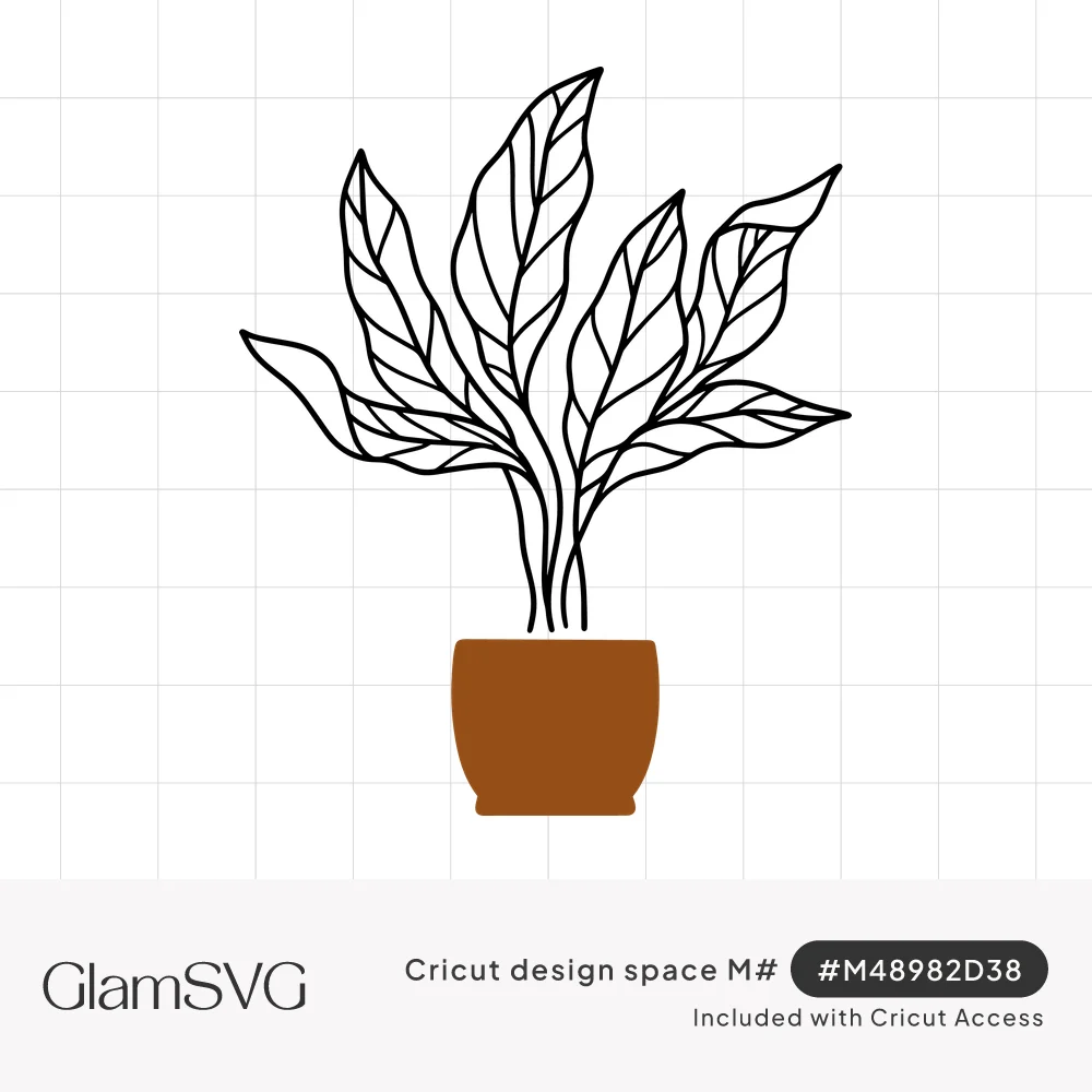 Line drawing of a leafy houseplant with tall veined leaves growing from a solid terracotta-brown pot