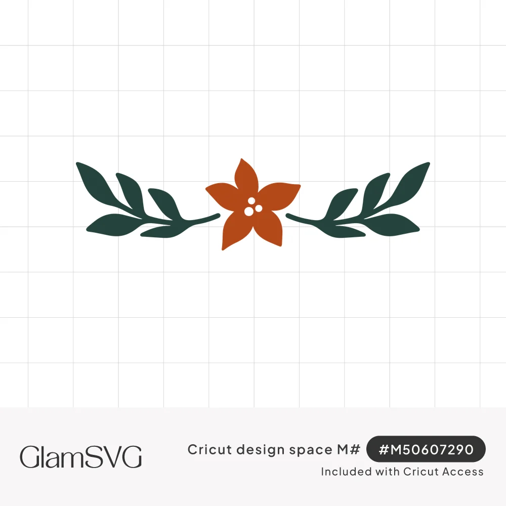 Orange poinsettia flower centered between two dark green leafy branches in a horizontal laurel arrangement