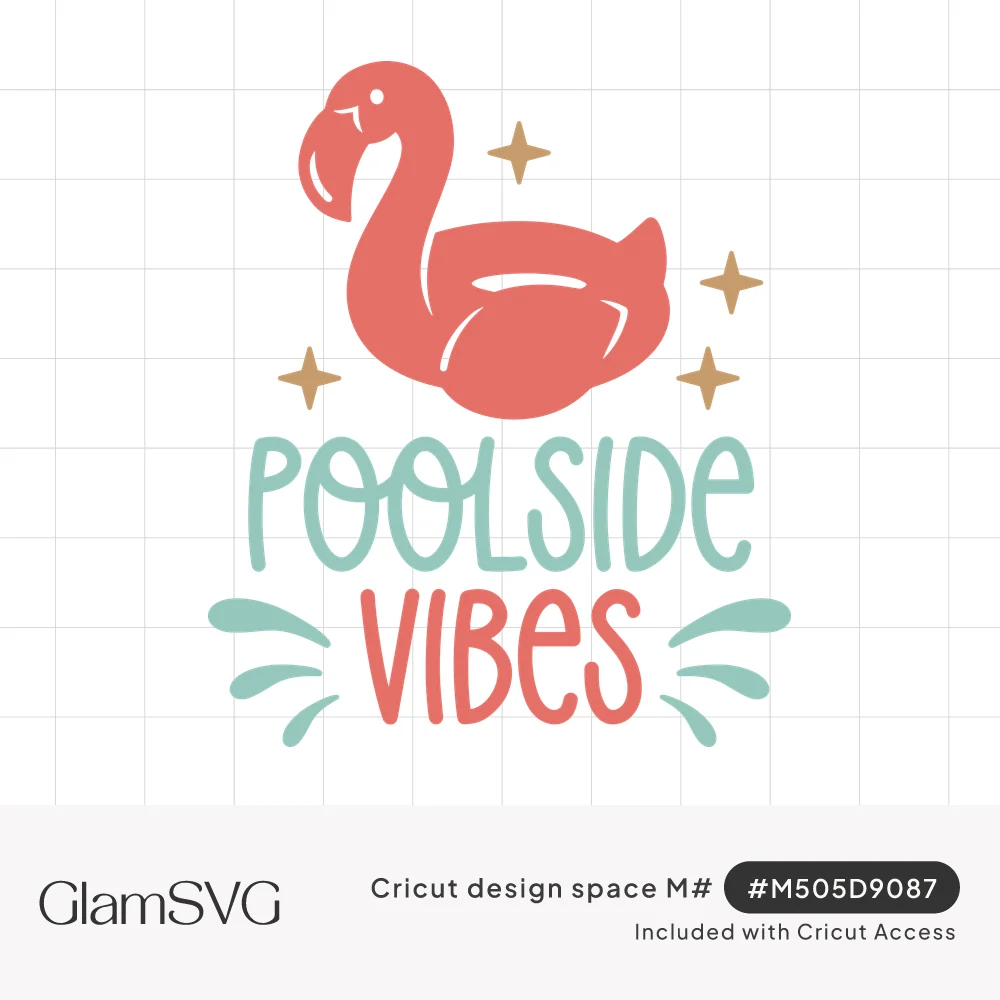 Coral flamingo pool float with gold sparkle stars above mint and coral Poolside Vibes lettering with aqua splashes
