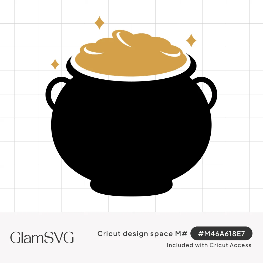 Black cauldron silhouette filled with a mound of gold coins, with small gold sparkles around the rim