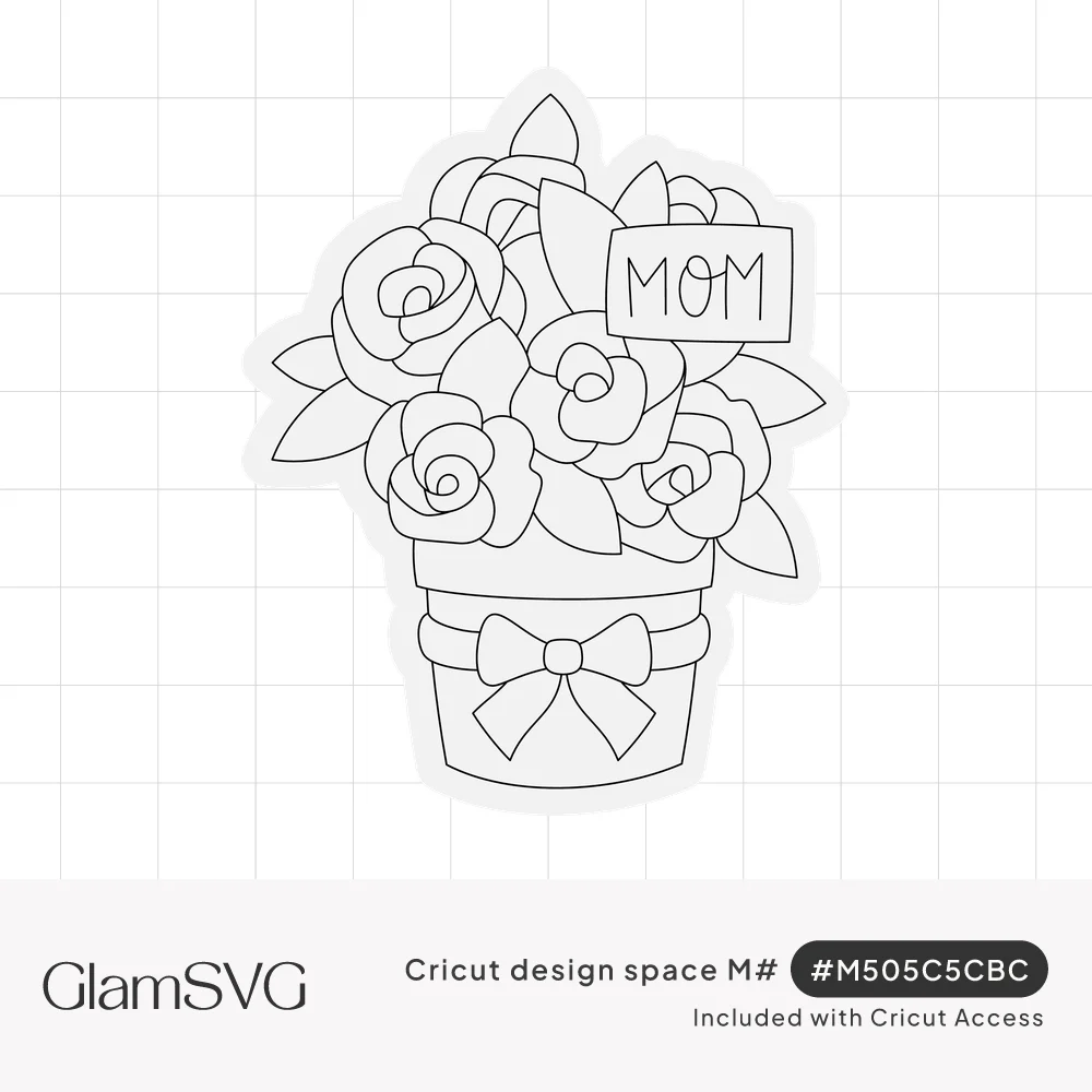 Outline drawing of roses in a flowerpot with a bow and a small sign reading MOM, on a white sticker-style background.