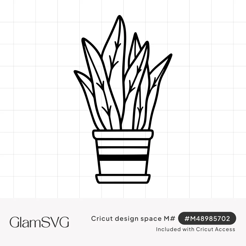 Black line art of a snake plant with tall pointed veined leaves growing from a striped flowerpot