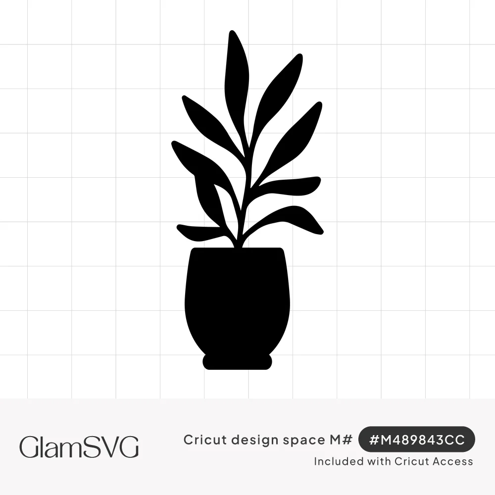 Black silhouette of a leafy houseplant with slender pointed leaves growing from a rounded pot on a small base