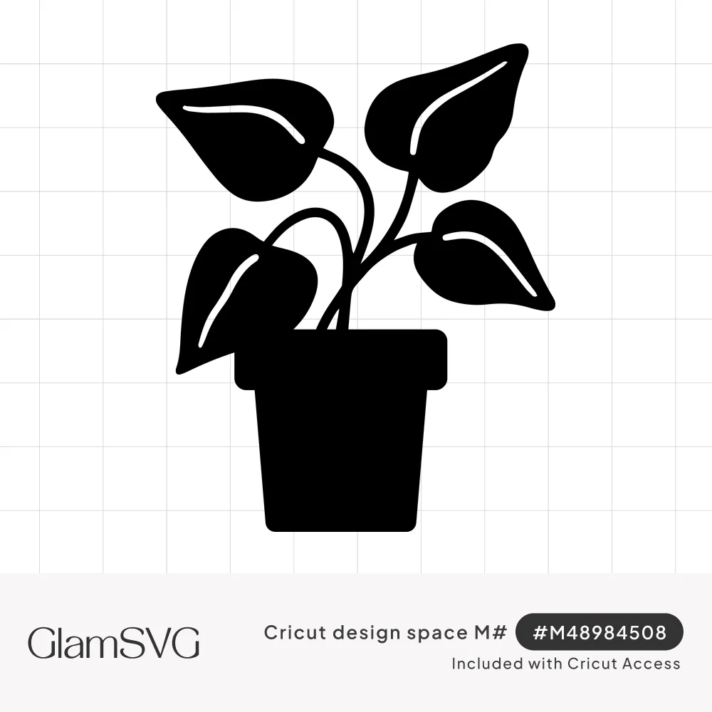 Black silhouette of a potted houseplant with heart-shaped leaves on curved stems in a simple flowerpot