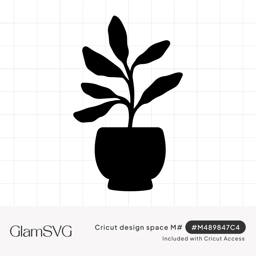 Black silhouette of a leafy houseplant with long curved leaves growing from a rounded pot with a footed base