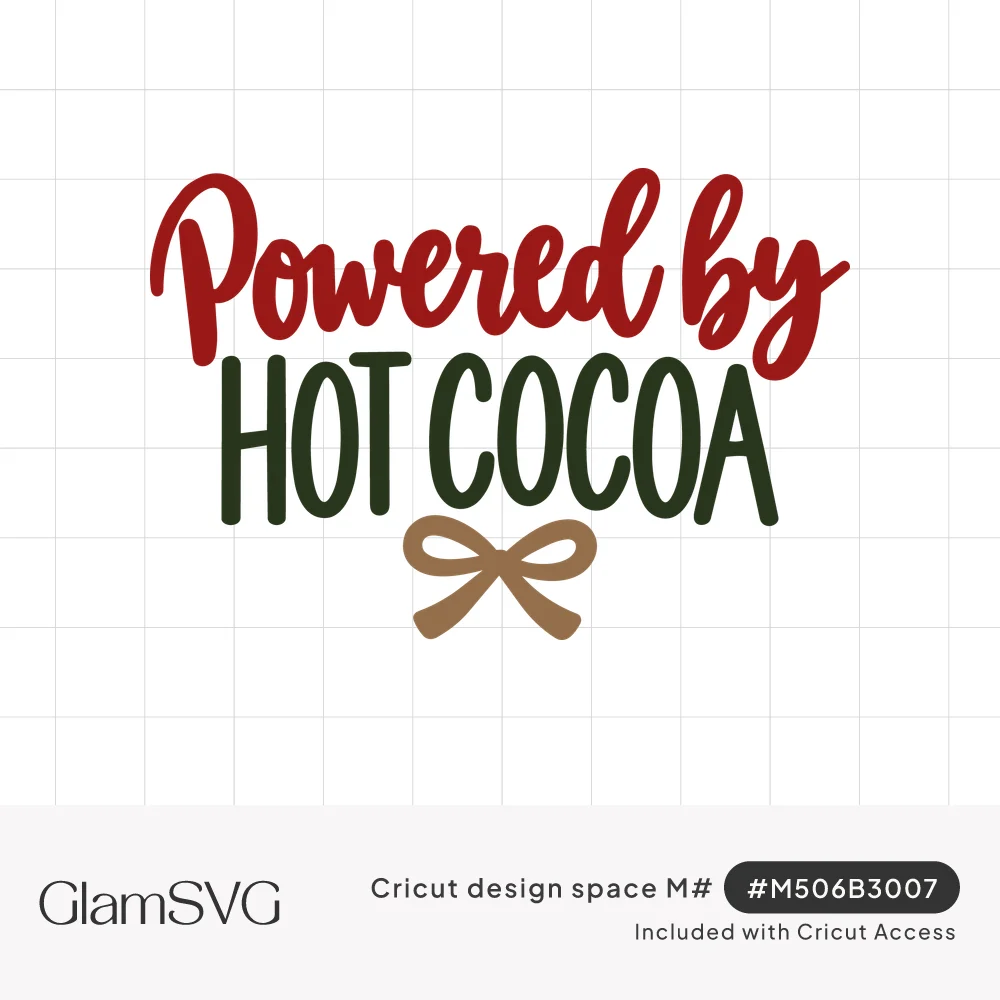 Red script 'Powered by' above green block letters 'HOT COCOA' with a small tan bow underneath