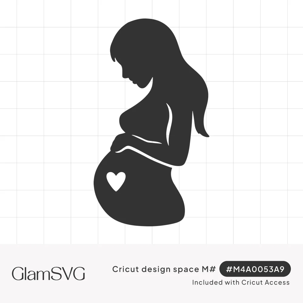 Solid dark silhouette of a pregnant woman in profile holding her belly, with a small white heart cut into the bump