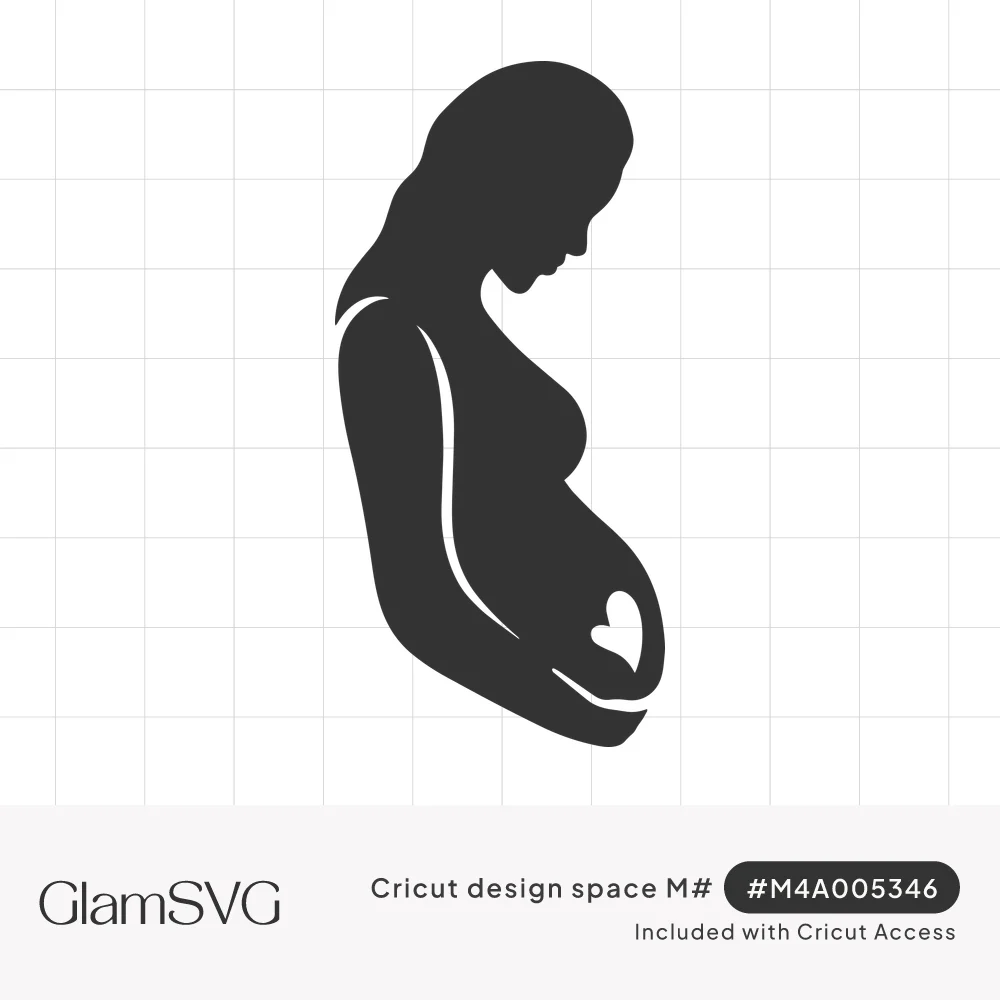 Black silhouette of a pregnant woman looking down, hands cradling her belly with a small heart cutout