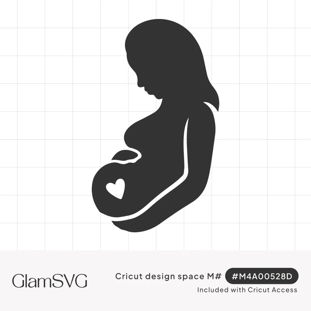 Dark silhouette of a pregnant woman with long hair looking down, hand on her belly with a small heart cutout
