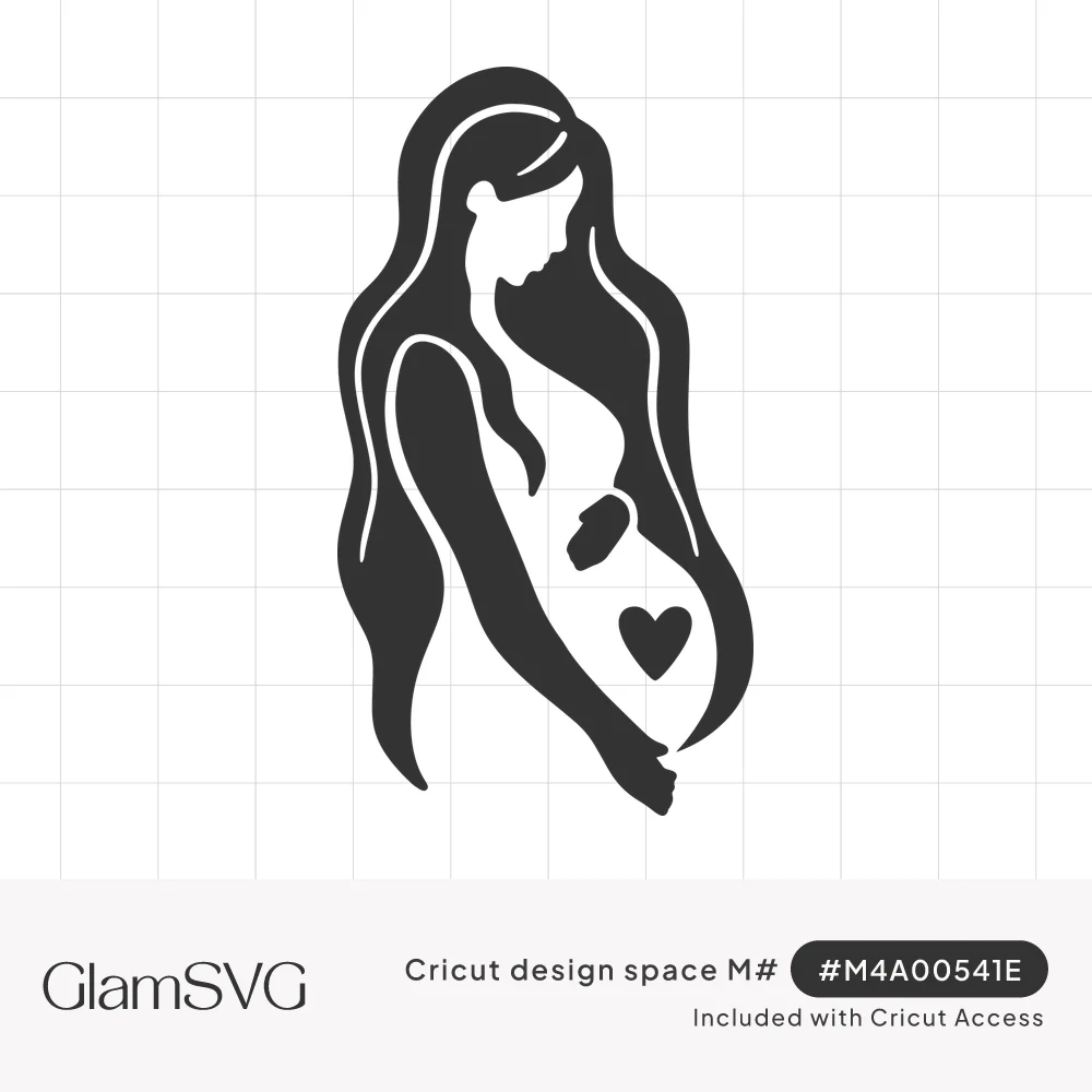 Black silhouette of a pregnant woman with long flowing hair cradling her belly, a small heart cut into the bump