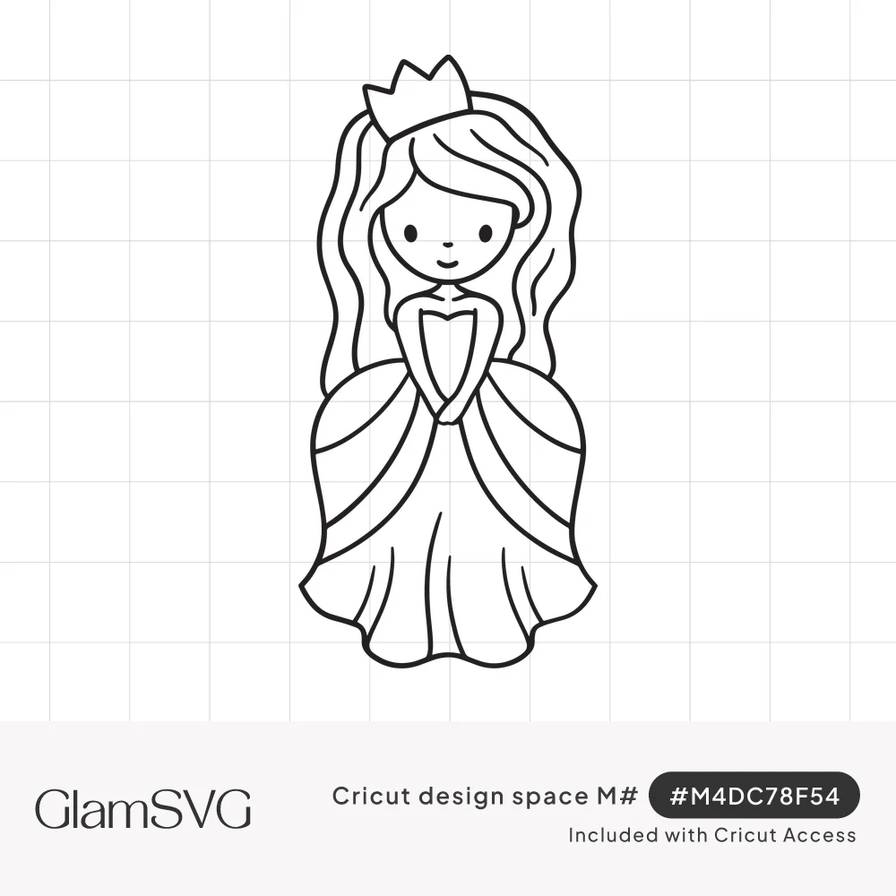 Black outline drawing of a smiling little princess with a crown, long wavy hair and a full paneled ball gown