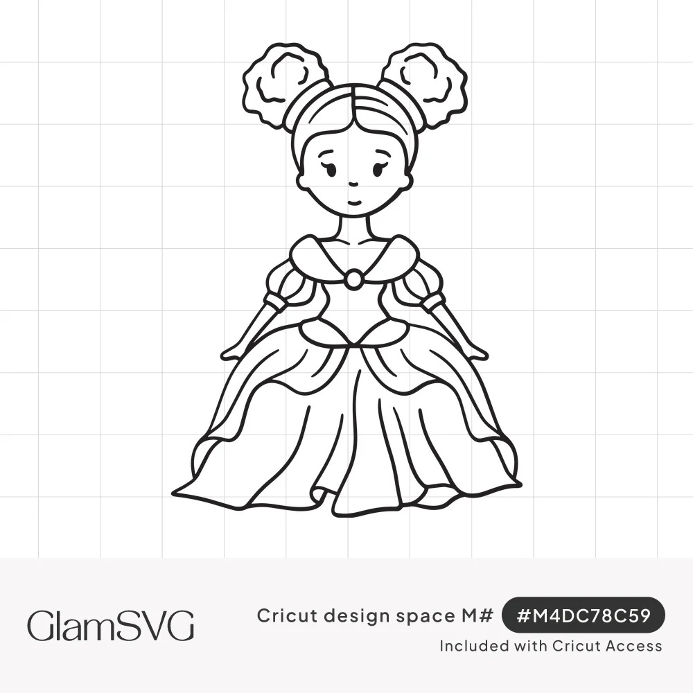 Black line drawing of a smiling little princess with two hair buns wearing a puff-sleeved ball gown