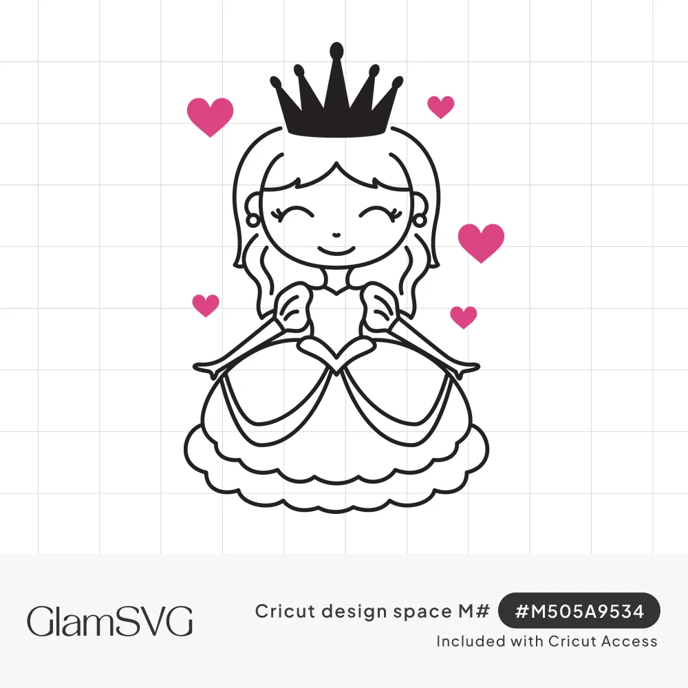 Line drawing of a smiling princess in a ruffled ball gown and black crown with pink hearts floating around her