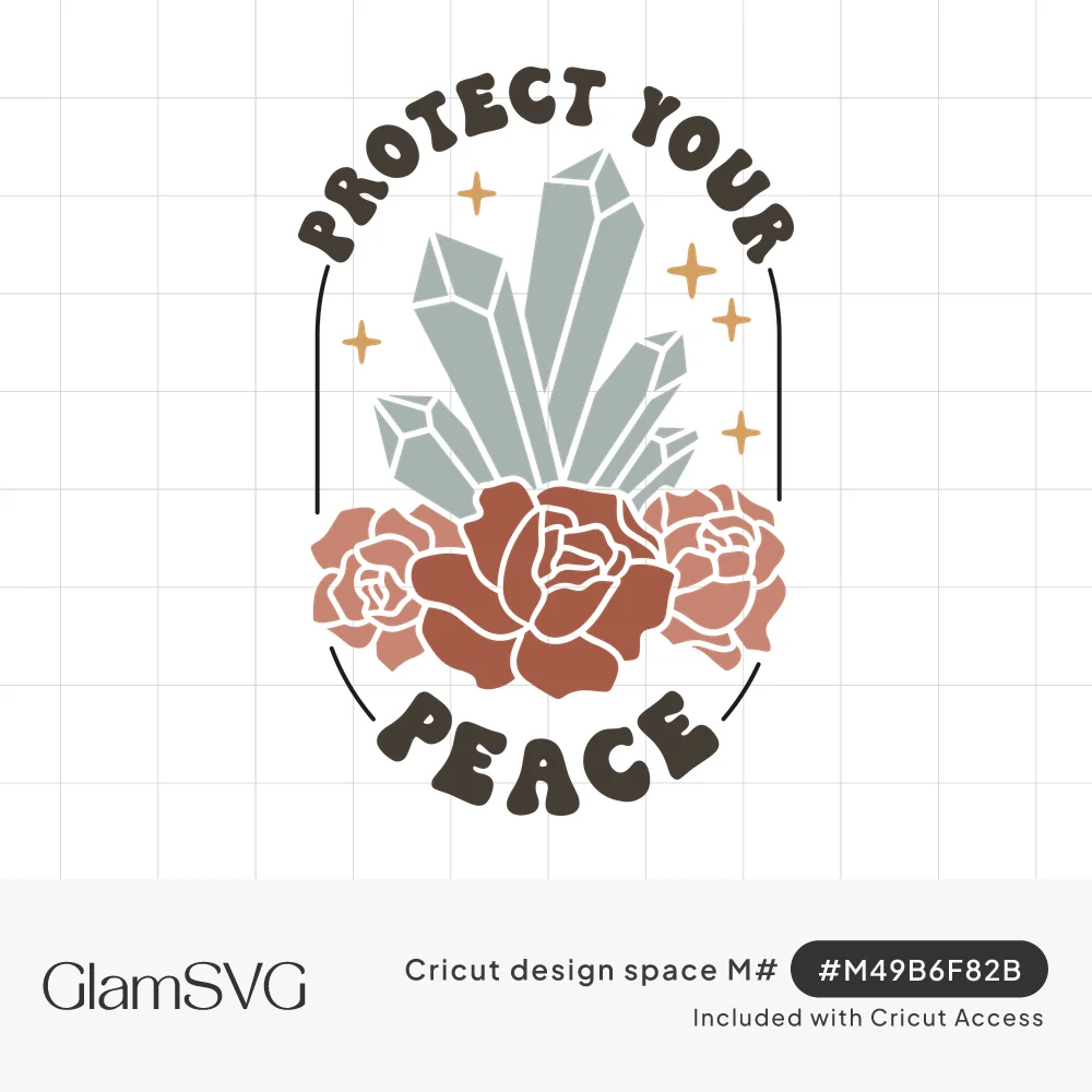 Protect Your Peace in arched retro lettering around sage crystals, terracotta roses and gold sparkles