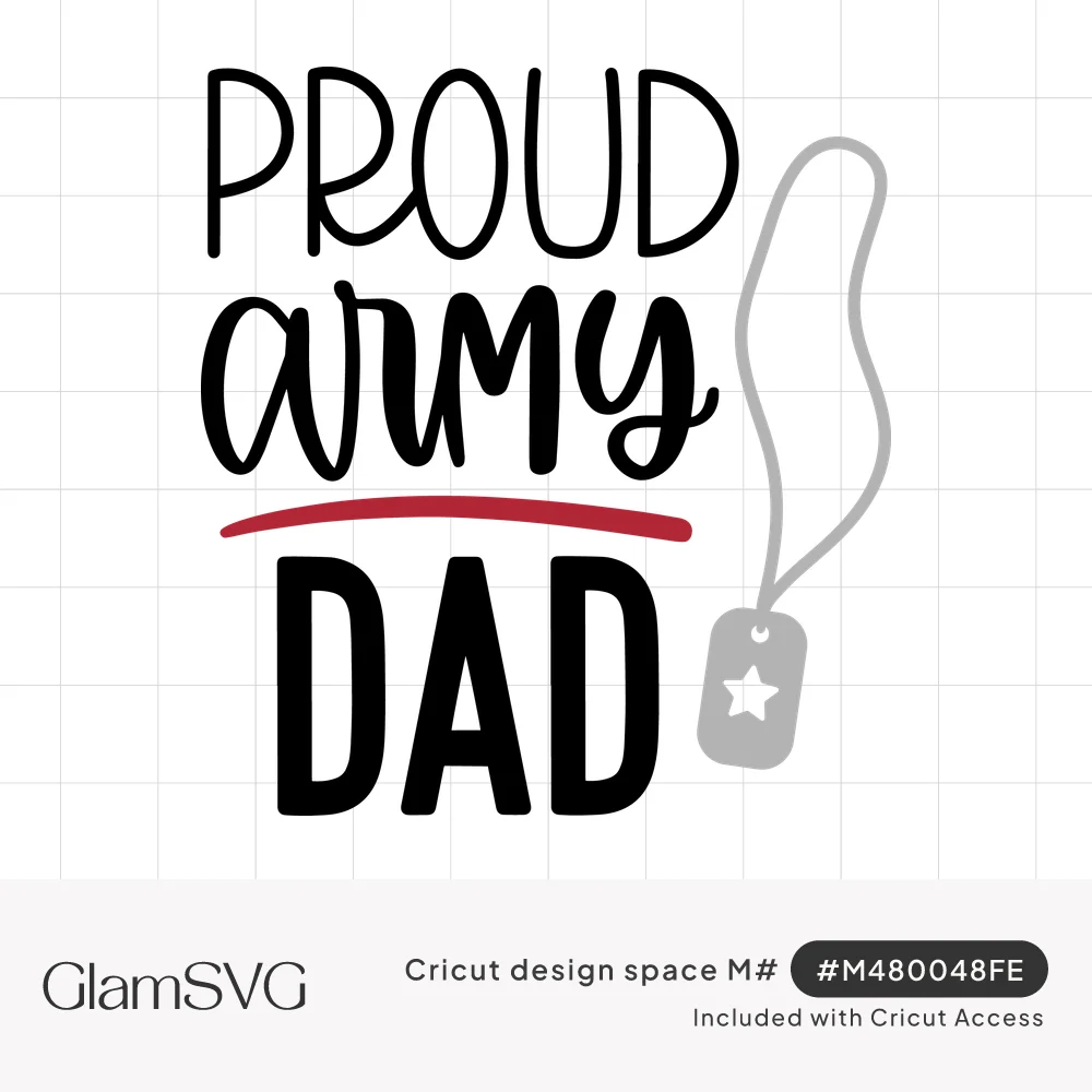 Stacked lettering reading Proud army Dad with a red underline and a gray dog tag with a star on a beaded chain
