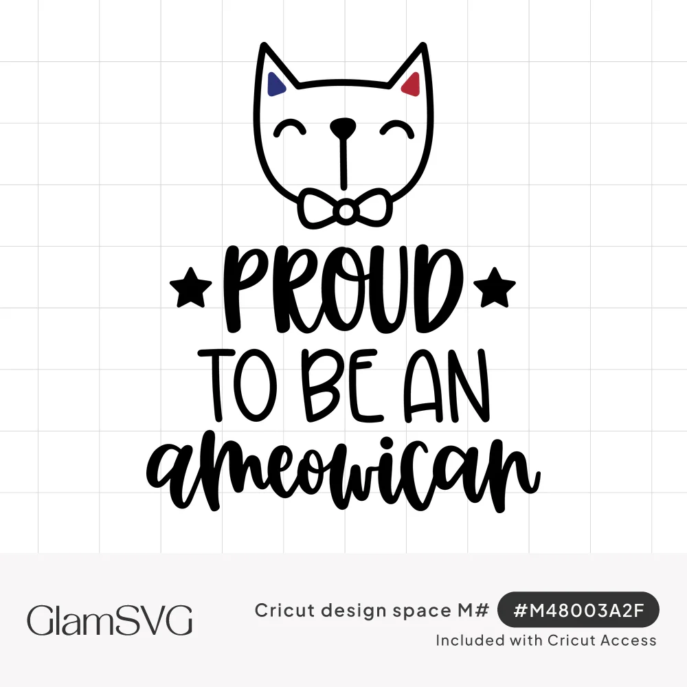 Smiling cat face with red and blue ears and bow tie above stars and lettering reading Proud to Be an Ameowican