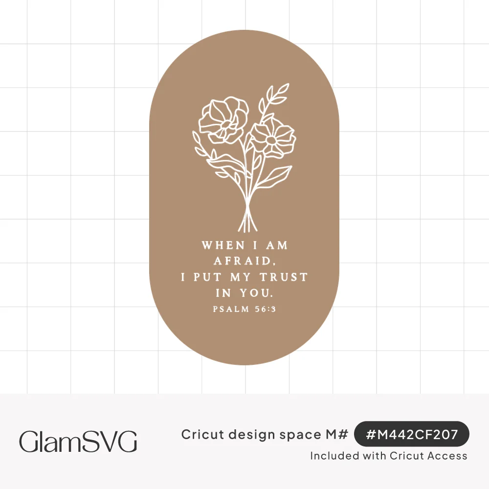 White line-drawn flower bouquet above the Psalm 56:3 verse on a warm tan rounded arch shape