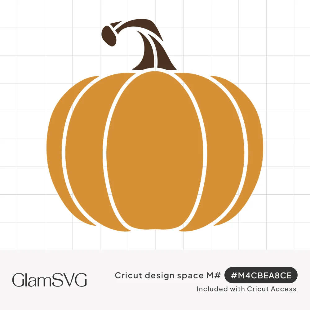 Orange pumpkin illustration with rounded ribs outlined in white and a curling dark brown stem