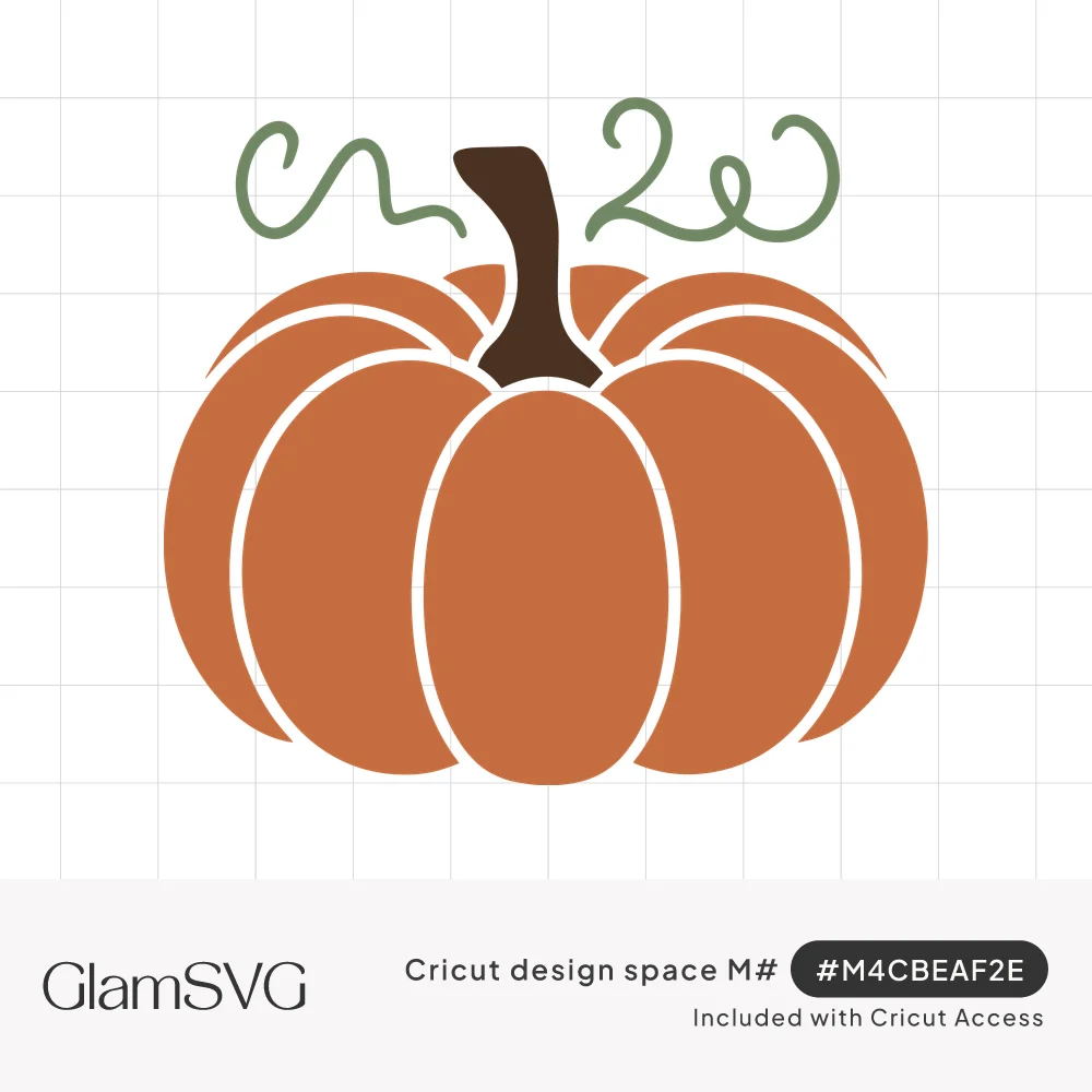 Orange ribbed pumpkin with a dark brown stem and two curly sage green vines on a white background