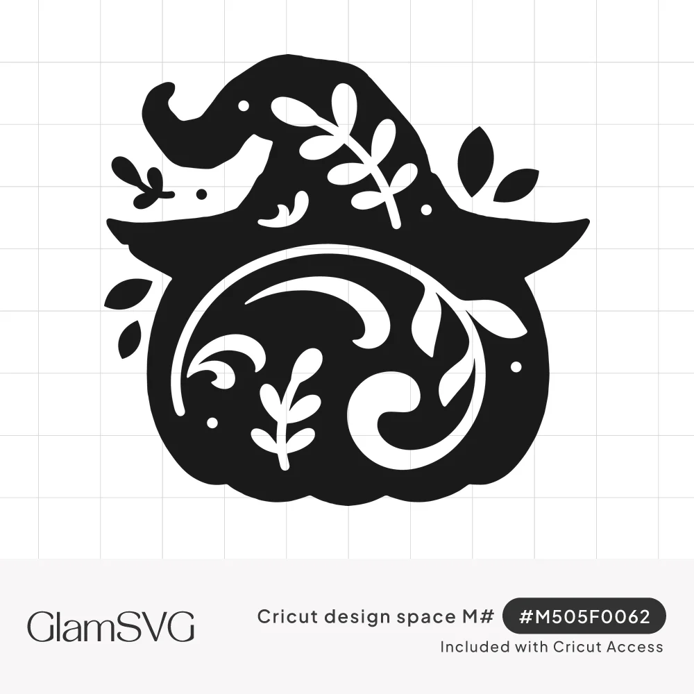 Black silhouette of a pumpkin wearing a curled witch hat, decorated with cut-out swirls, vines and leaves