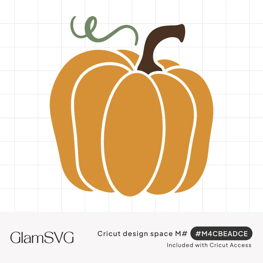 Orange pumpkin illustration with white lines between its ribs, a curved brown stem and a curly green vine tendril