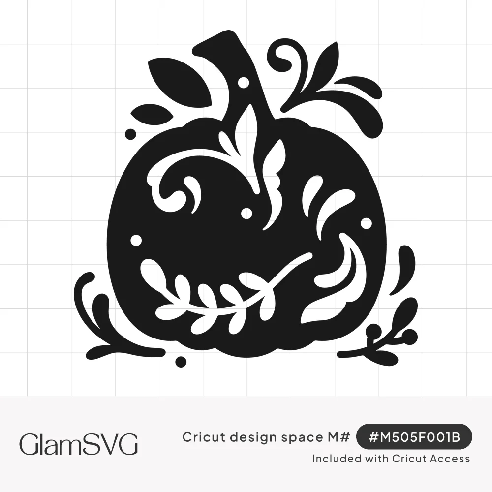 Black pumpkin silhouette with decorative swirls, leaves and dots cut out, surrounded by curling leafy sprigs