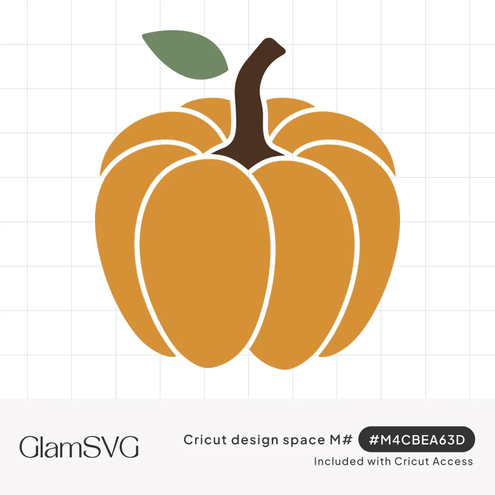 Orange segmented pumpkin illustration with a curved brown stem and a single green leaf on a white background