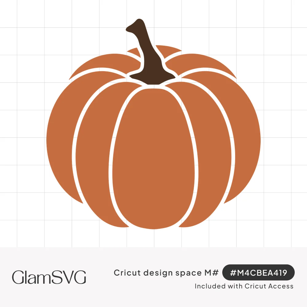 Burnt orange ribbed pumpkin with a dark brown curved stem, separated by thin white lines, on a white background