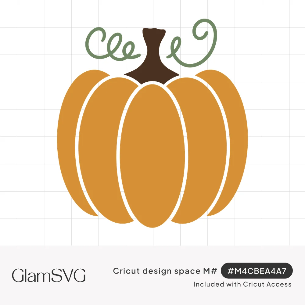 Orange pumpkin illustration with rounded ribs, a dark brown stem and two curly green vines
