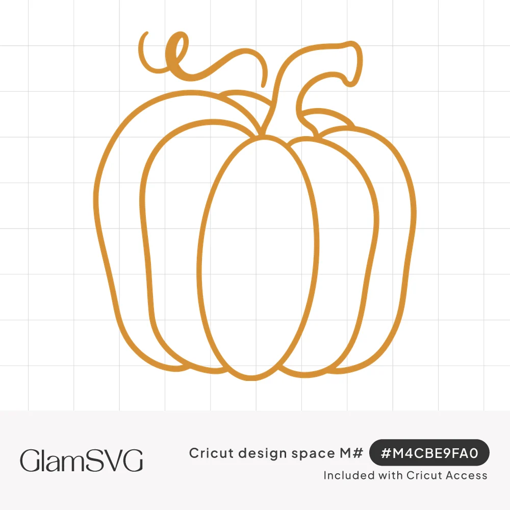 Orange line drawing of a round ribbed pumpkin with a curved stem and a curly vine tendril on a white background