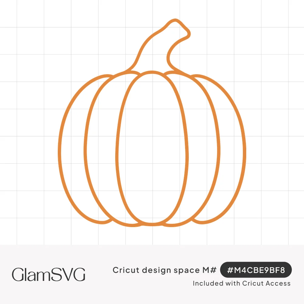 Orange line drawing of a round ribbed pumpkin with a curved stem on a white background