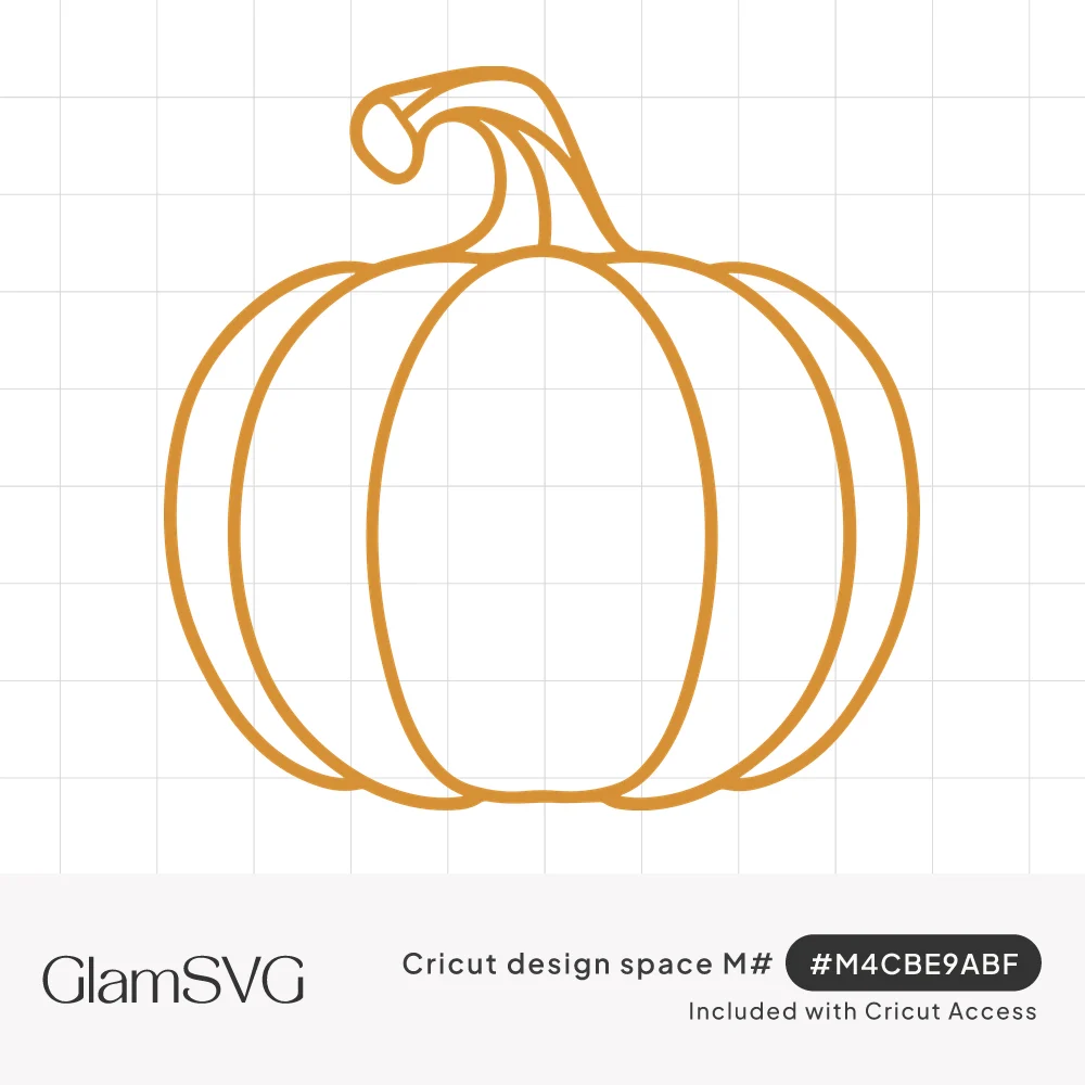 Orange line drawing of a round ribbed pumpkin with a curled stem on a white background