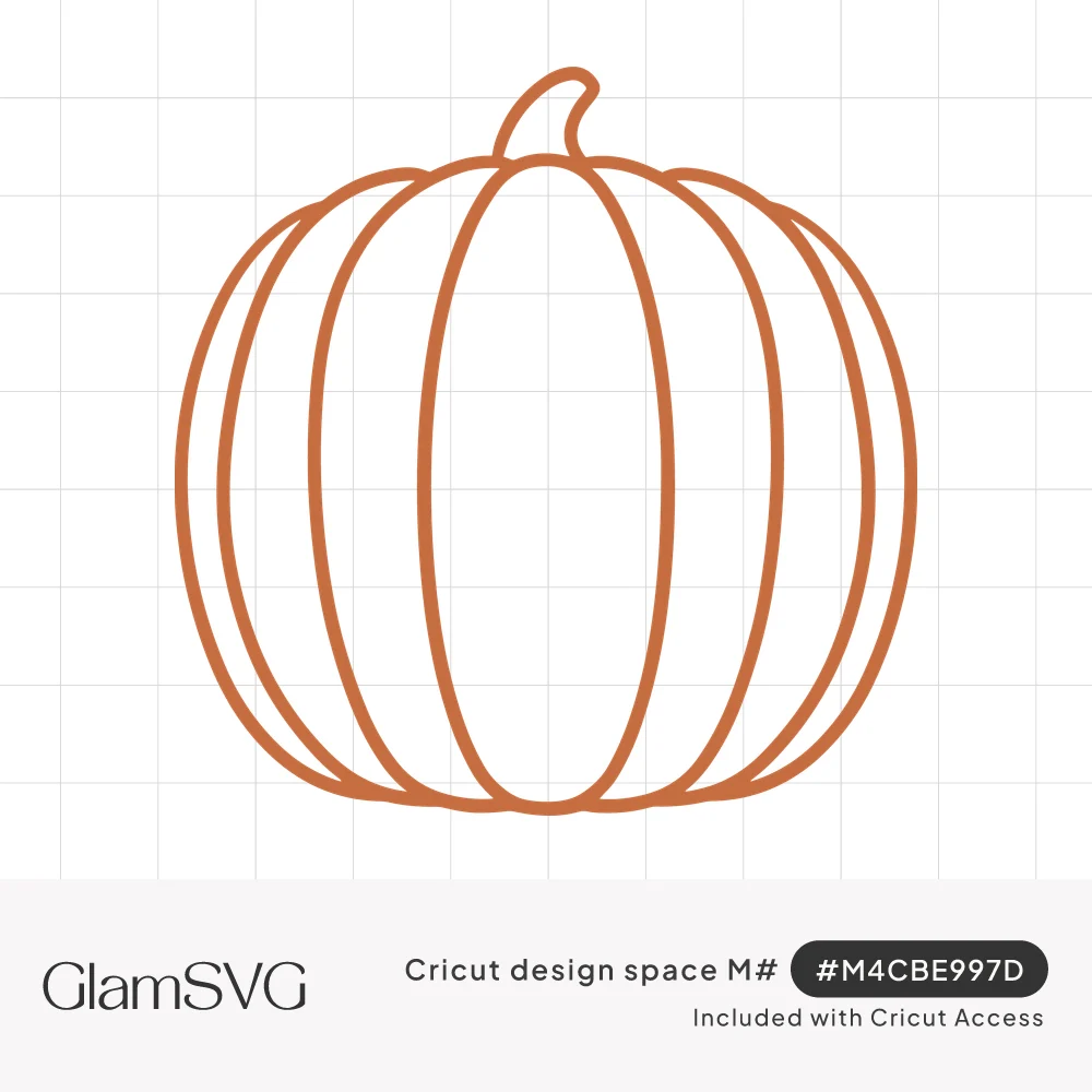 Line drawing of a round ribbed pumpkin with a short curved stem in a single orange outline