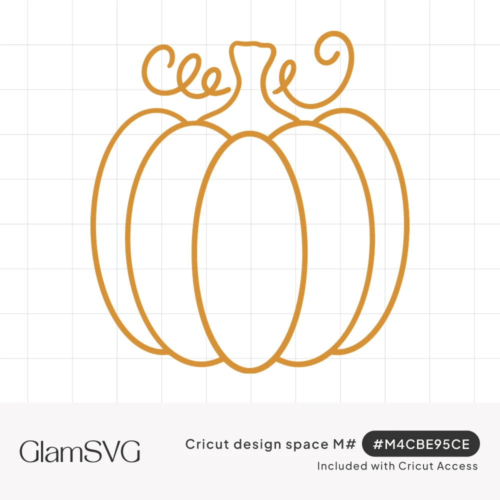 Orange line drawing of a round pumpkin with ribbed sections, a short stem and curly vines on each side