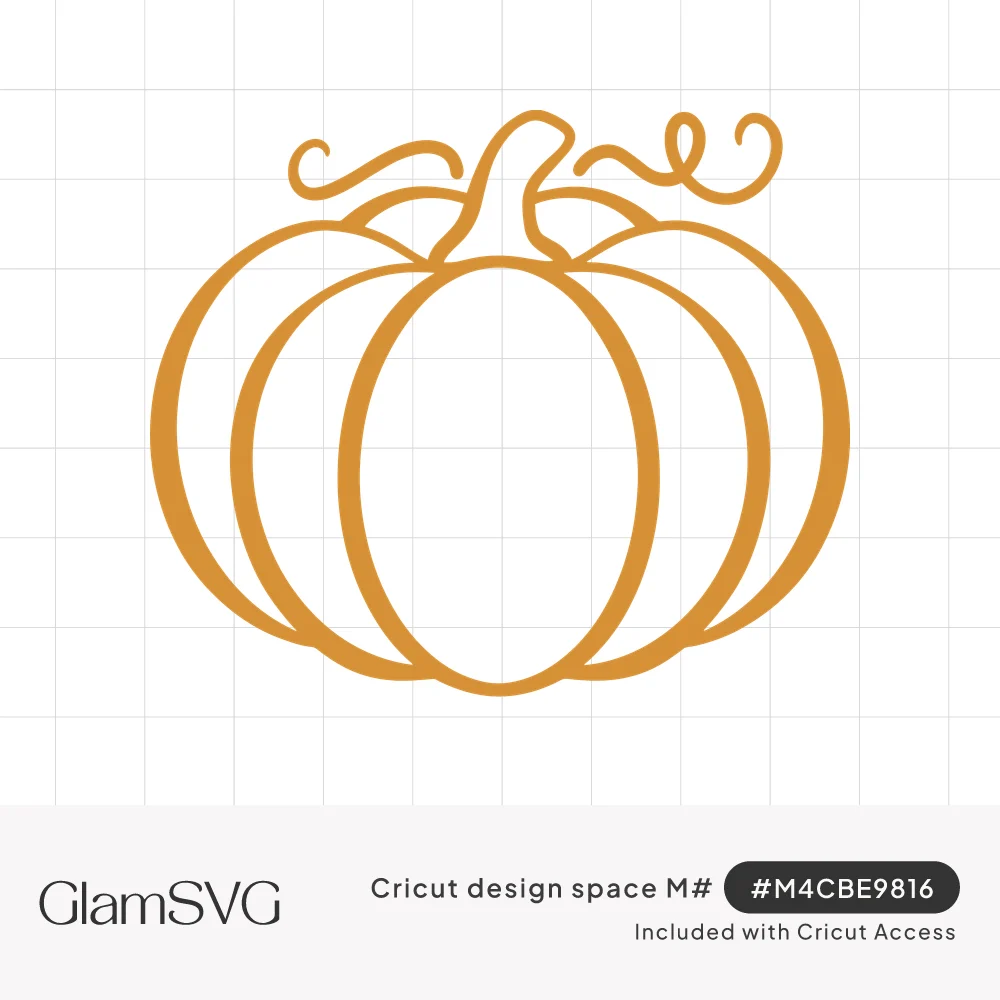 Orange line drawing of a round ribbed pumpkin with a curved stem and curly vines on a white background
