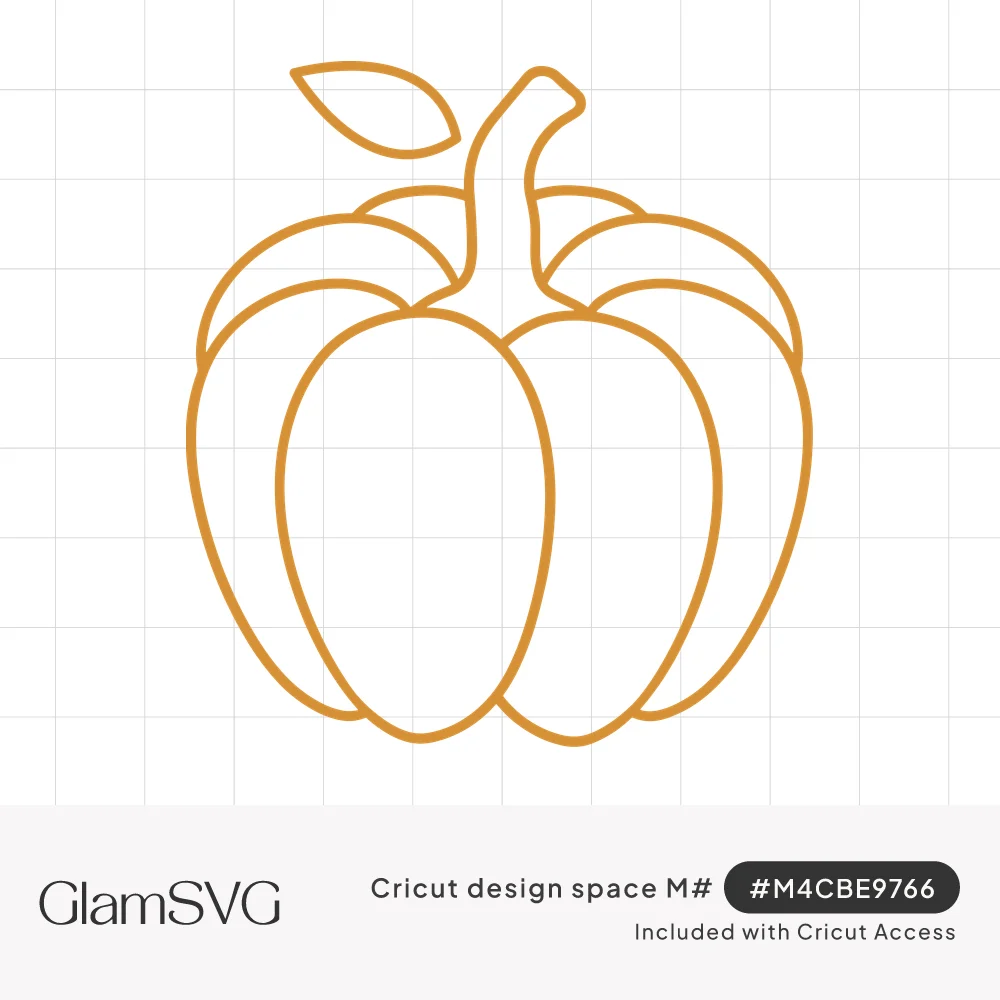 Orange line drawing of a ribbed pumpkin with a curved stem and a single leaf
