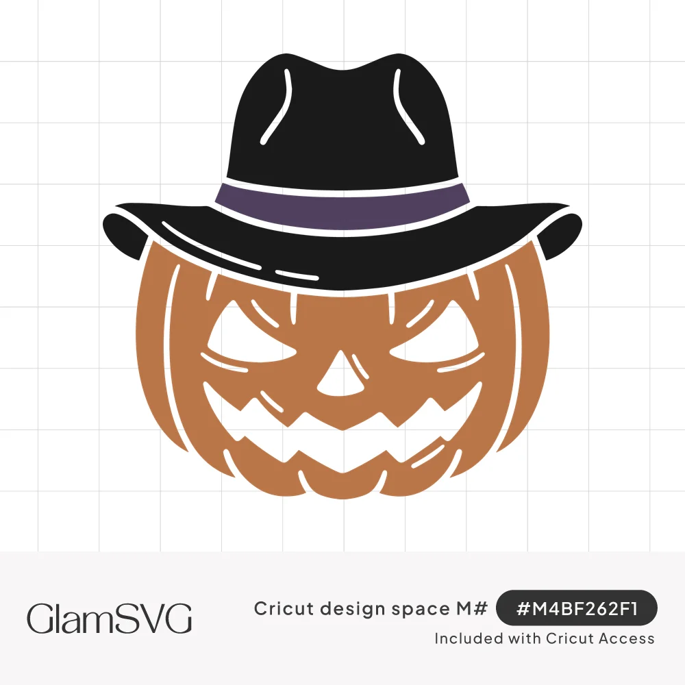 Orange jack-o-lantern with a jagged grin and narrowed eyes wearing a black fedora with a purple hatband