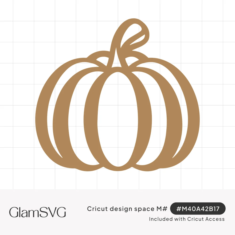 Bold tan outline of a round pumpkin with curved ribs and a curly stem on a white background