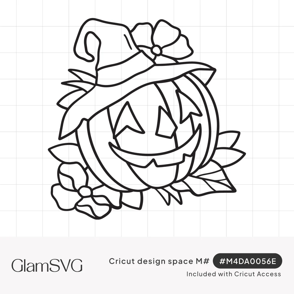 Black line art of a smiling jack-o-lantern wearing a witch hat, surrounded by flowers and leaves