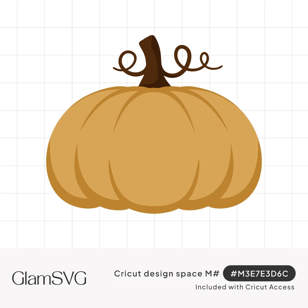 Illustration of a wide, plump golden-tan pumpkin with a brown stem and curly vine tendrils