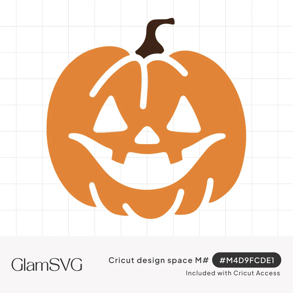 Orange carved jack-o'-lantern with triangle eyes, triangle nose, toothy grin and a curved brown stem
