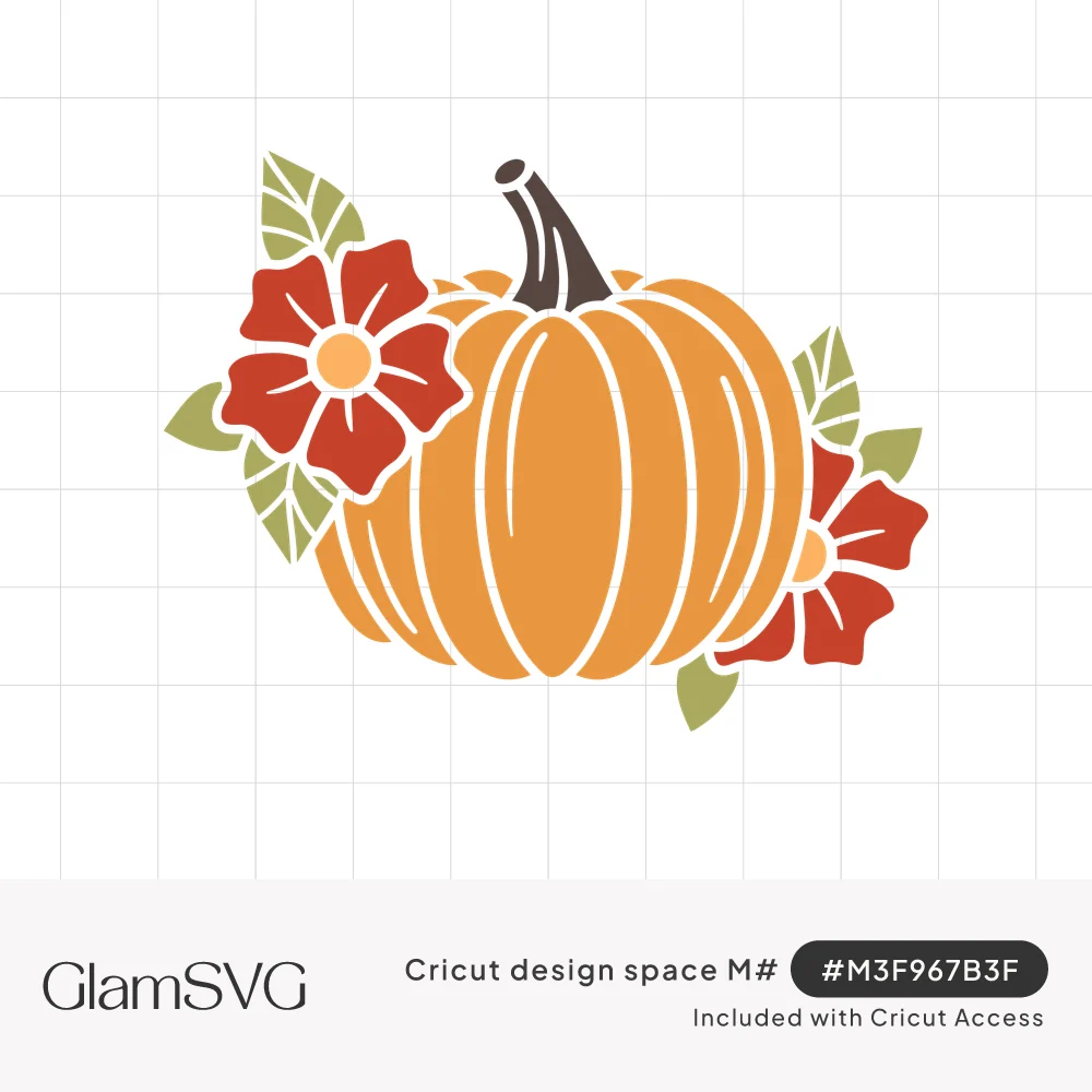 Orange pumpkin with a brown stem surrounded by red flowers with yellow centers and green leaves